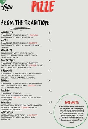 Menu pizza. V means vegan   at LaLotta in Utrecht