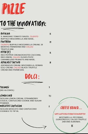 Menu pizza and dessert. V means vegan   at LaLotta in Utrecht