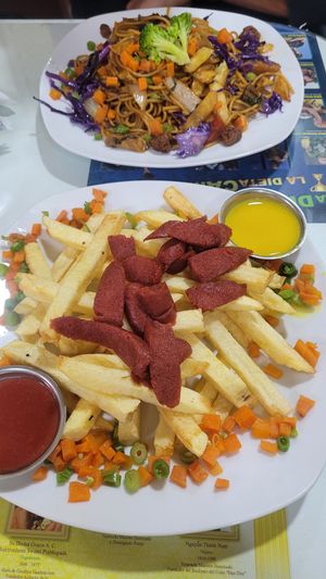 Vegan Salchipapa at Loving Hut - Titikaka in Puno