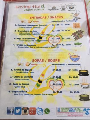 menu at Loving Hut - Titikaka in Puno