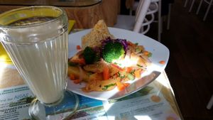 2nd course and warm soy milk at Loving Hut - Titikaka in Puno