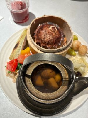 Grilled baby corn, couscous salad, sesame bun, steamed mushroom soup, grilled dango, stir-fried cabbage at Fruitful Food 果然匯 in Taipei