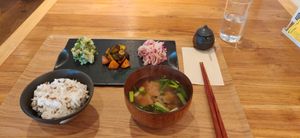 Rice and miso soup as the base, additional dishes (min. 3 = 900yen) can be chosen freely. Served with Kala Manak. at Seed Cafe シードカフェ in Fujinomiya