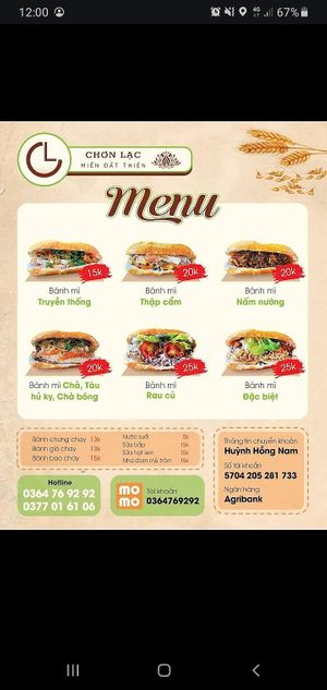 Menu at Chơn Lạc Bánh Mì Chay in Ho Chi Minh City