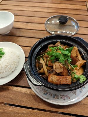 Braised vegetarian meat and mushrooms at Muro Organic Vegan Restaurant in Nha Trang