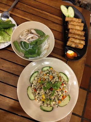 Vegetarian pho (back left), fried spring rolls (back right) and mixed fried rice (front) at Muro Organic Vegan Restaurant in Nha Trang