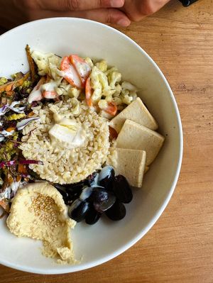 Boho Bowl (wild rice, tofu, hummus, grapes, red cabbage, salad w/ pesto & dry tomato)  at Cafe Osa Goa in Morjim