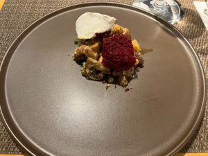 Smoked mushroom and beet tartar at MUSHROOM TOKYO in Tokyo