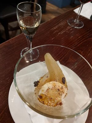Poached pear at The Cellar Door in Edinburgh
