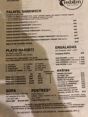 Middle easter style menu at Habibti Falafel in Guanajuato