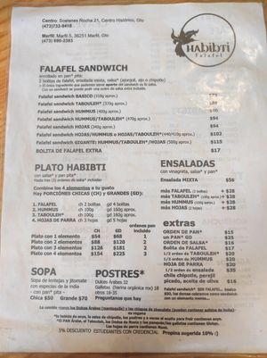 Menu Comidas en Español. at Habibti Falafel in Guanajuato