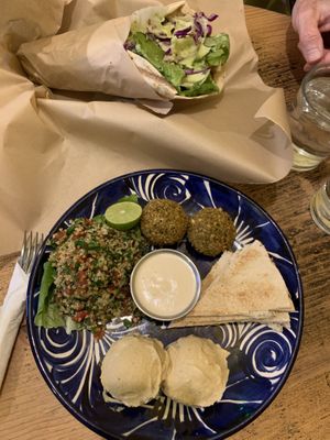 One of the many platter and pita sandwich options. Both were excellent   at Habibti Falafel in Guanajuato