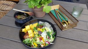 Black sesame noodles with curry sauce, seitan meat and tofu cubes at NOUMI Mitte in Berlin