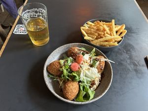 Pumpkin chickpea falafel and chips (they had no ketchup?!)  at F-hoone in Tallinn
