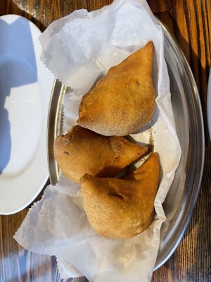 Samosas- the red tamarind sauce is vegan and delicious   at Taste of India in Pacific Grove
