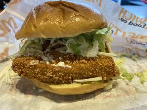 Crispy Chick’n Sandwich with vegan mayo, vegan cheese, lettuce, tomatoes and pickles    at MELTwich in Milton