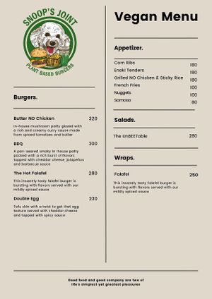 Vegan Menu at Snoop's Joint in Bangkok
