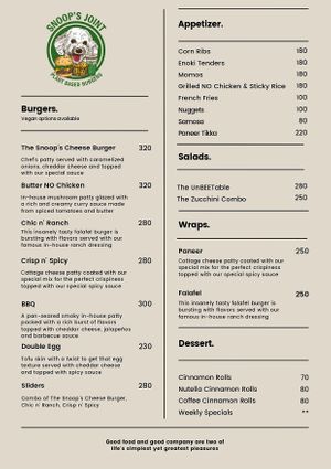 Vegetarian Menu at Snoop's Joint in Bangkok