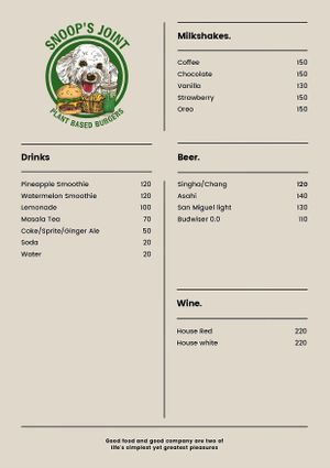 Drinks Menu at Snoop's Joint in Bangkok