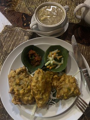 Mushroom soup and corn with spring onions fritters   at KESUMA in Yogyakarta