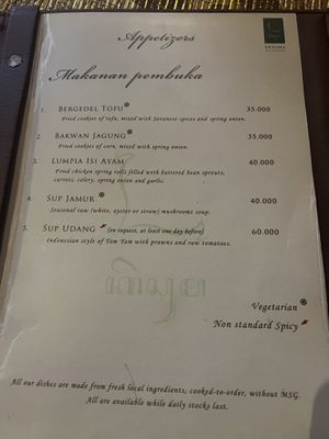 Appetizer menu   at KESUMA in Yogyakarta