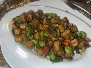 Tempeh with round green beans in a spicy sauce. My favorite dish    at KESUMA in Yogyakarta