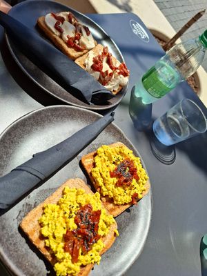 Tomate mozzarella and scrambled eggs toast at Bakery Giusy in Gran Canaria