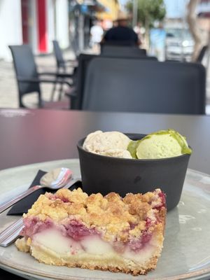 Strawberry crumble cheesecake with pistachio and turrón ice creams  at Bakery Giusy in Gran Canaria