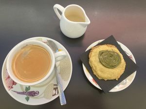 Condensed milk coffee and pistachio cookie  at Bakery Giusy in Gran Canaria