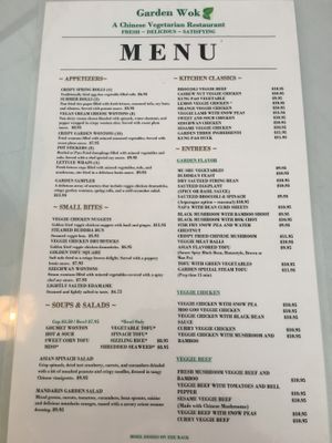 Menu(all vegan) at Garden Wok in Tarzana