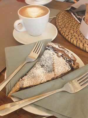 Vegan wild blueberry tart (torta di mirtilli) with orzo soya cappuccino at Caffè delle Guide in Alagna Valsesia