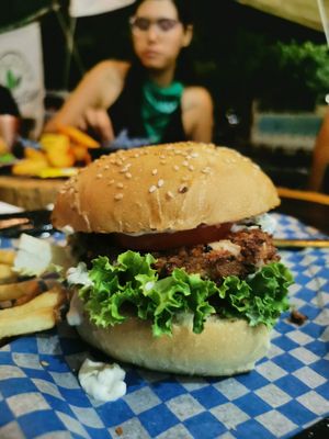 Crabless burger and fries at Umi Vegan  in Playa Del Carmen