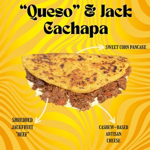 Sweet Corn Pancake with their signature artisan vegan cheese and shredded jack fruit makes this Latin dish a customer favorite at Pacha Roots in Miami