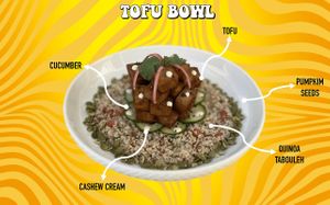 The refreshing quinoa Tabouleh paired with the asiany flavor of the marinated Tofu makes this bowl a great choice for tofu and protein lovers at Pacha Roots in Miami