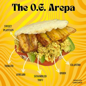 Topped with the signature cashew cream, the O.G. Arepa offers an array of tasty flavors, making it a strong competitor of The Queen Arepa for the #1 place on their Arepa Podium at Pacha Roots in Miami