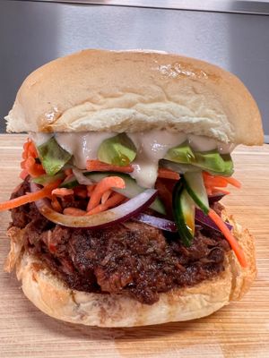 Jack in a Bun! An American Classic Pulled Sandwich made Vegan.  at Pacha Roots in Miami