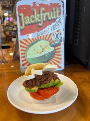 This Fiesta Arepa is all you need. It looks fresh. It tastes fresh. Ask for the Cashew Cream or the Verde Fresh Salsa to amp up the flavor! at Pacha Roots in Miami