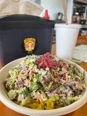 The Falafel Bowl is Gluten Free and can be ordered with Turmeric Quinoa or Brown Rice. Fresh and satisfying. These are not your regular pickled onions,  makes the bowl fantastic.  at Pacha Roots in Miami