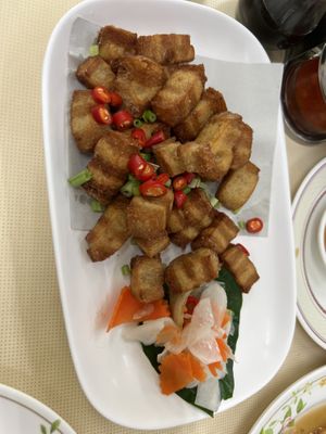 Salt and pepper ‘pork’ bites   at Sutunthip Vegetarian Food in Bangkok