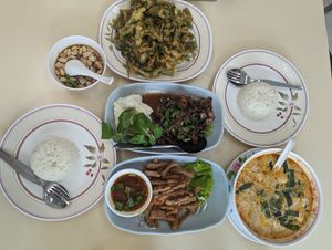 Morning glory, duck, pork, tom yum at Sutunthip Vegetarian Food in Bangkok