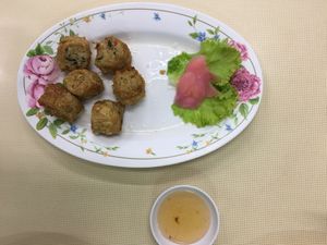 Vegan crab cakes at Sutunthip Vegetarian Food in Bangkok