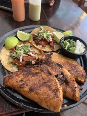 Delicious quesabirrias and pastor tacos 😋  at Vegan Spot by Revolution in Playa Del Carmen