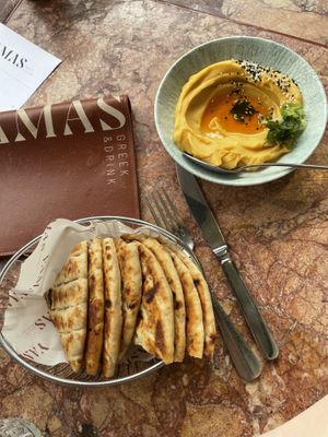 “Warm Santorini fava” - creamy bean dip with pita  at Yamas Greek & Drink in West End