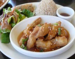 California orange chicken lunch special. at California Vegan in Los Angeles