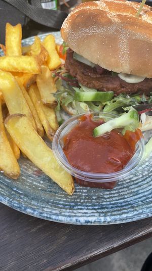 vegan burger with fries and tomato dip  at Fiskehallen in Thyboroen