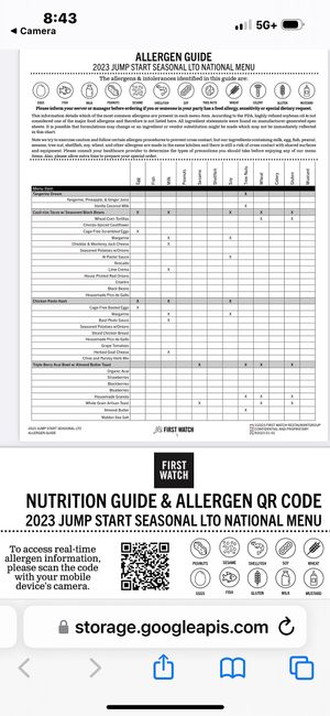 Allergen Guide at First Watch in Prosper