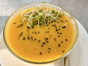 Carrot ginger cream with micro greens  at Panorama Bar Bazar in Mallorca