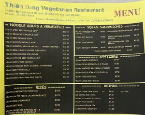 menu  at Thien Dang Vegetarian in Garden Grove