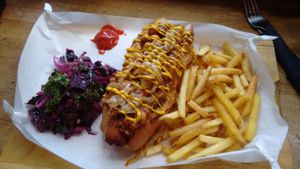 Vegan chilli dog, slaw and fries at Brass Monkey Leith in Edinburgh