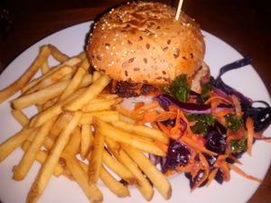 Burger with Korea BBQ sauce and kimchi at Brass Monkey Leith in Edinburgh